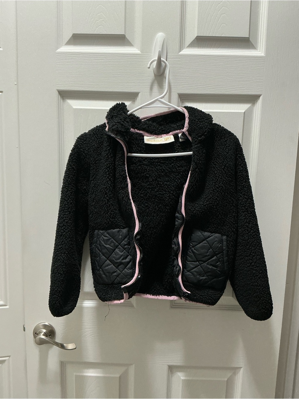 Madden Girl Kids Black Sherpa Jacket with Pink Trim